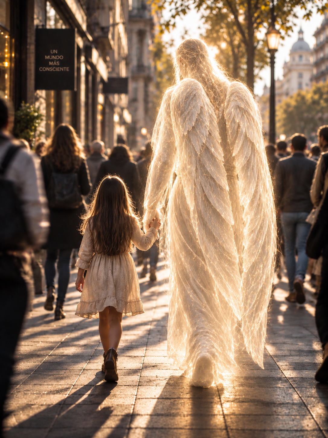 Una niña caminando de la mano de su ángel